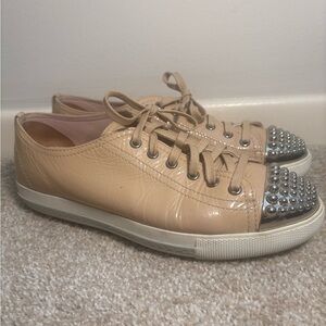 Miu Miu Patent Leather Beige Studded Lace Up Sneakers Low Top EU 39 US 9